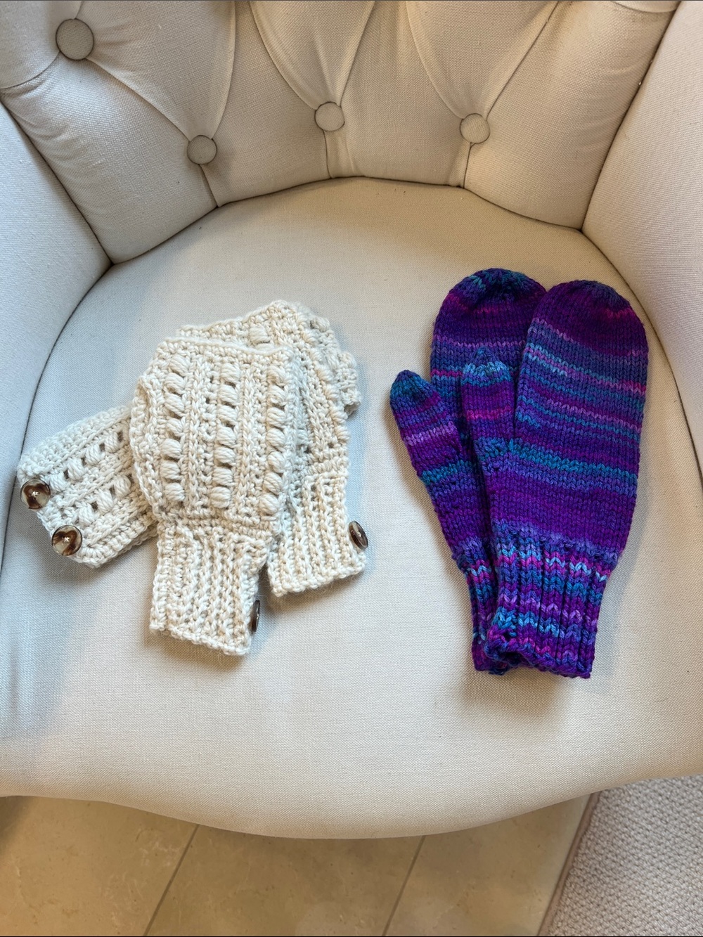 Cream Convertible set and Purple Striped Knit Mittens Set